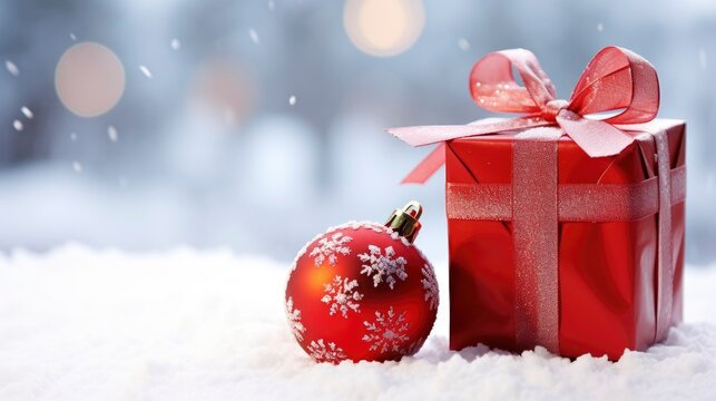 Red Christmas Ornament With Red Wrapping Paper And Christmas Box On A Snowy Background Photo.