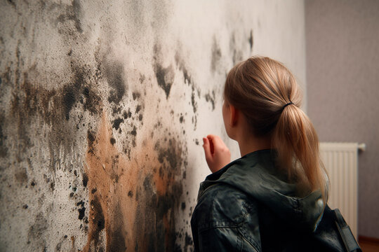Woman examines mold on wall in apartment