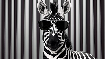 Zebra wearing sunglasses on a stark black and white striped pattern background. - obrazy, fototapety, plakaty