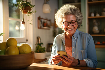 Aging woman smiling and using smart phone. - obrazy, fototapety, plakaty