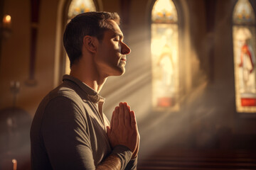 Man in lit church praying for forgiveness. - obrazy, fototapety, plakaty