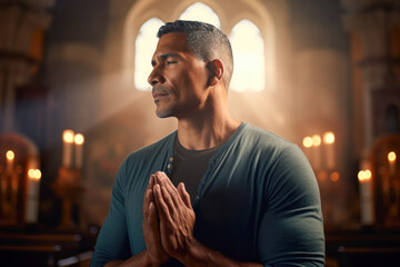 Man in lit church praying for forgiveness. - obrazy, fototapety, plakaty