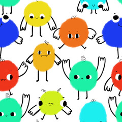 Seamless fun pattern with bright cute monsters. Perfect for printing. Fashion illustration in flat style. Bright girlish print