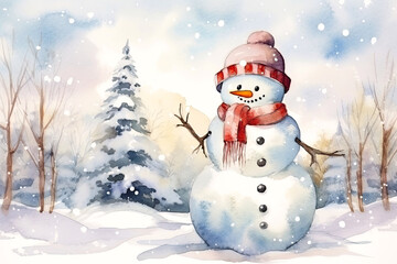 Fototapeta premium A painting of a happy snowman in a snowy forest landscape Festive watercolour illustration