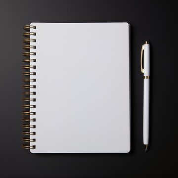 Blank white notebook with white pen on black background