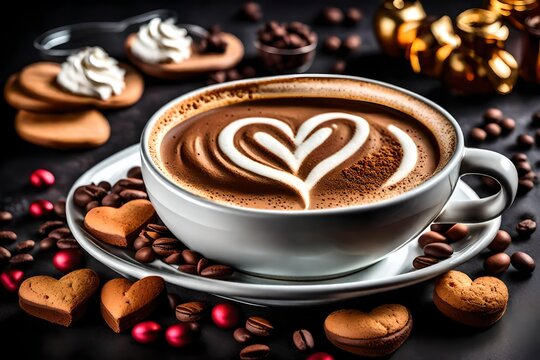 Cappuccino with heart decoration over foam. Valentine's day cup. Love concept. Coffee beans scatered arround. High quality photo Cappuccino with heart decoration over foam. Valentine's day cup.