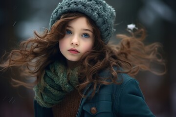 Portrait of a beautiful little girl with long curly hair in a knitted hat and scarf.
