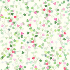 Floral seamless pattern with delicate hearts pink and green colors on branches, abstract watercolor print for wallpapers, textile or decorative floral background.