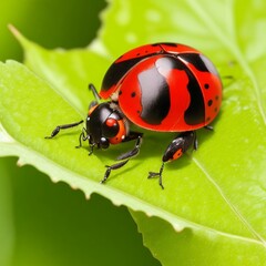 Naklejka premium ladybug on green leaf
