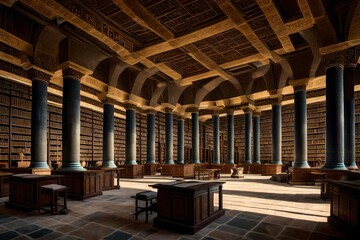 inside of the ancient library at Alexandria 2000 years ago. Students and scholars reading from huge racks to papyrus scrolls. Walls covered with hieroglyphs - obrazy, fototapety, plakaty