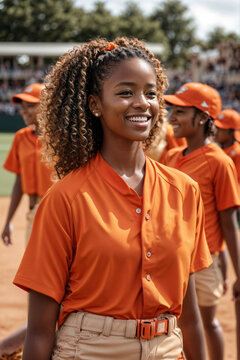 Happy African American Female Baseball Player In Orange Uniform On The Field With Her Team.