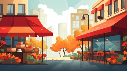 Fototapeta premium Illustration of an autumn scene, including coffee, shops, falling leaves, warm colors, and community event themes. Space for custom text and marketing. Vector style. 
