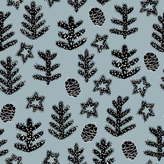 Midnight Magic Forest, pine cone, stars, snow and Christmas tree. Surface pattern design, seamless