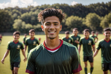 Fototapeta premium Happy football player on the field with his team