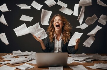 A happy woman throws papers in different directions, celebrates the completion of her work.