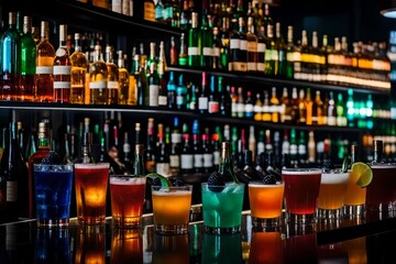 Variety of alcoholic drinks and multi colored cocktails on the reflective surface of bar counter. Blurred shelves with bottles on background - obrazy, fototapety, plakaty
