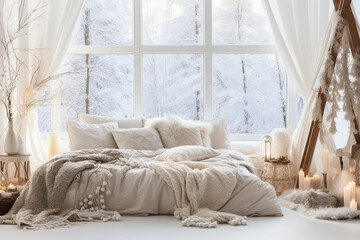 Cozy bedroom, in boho or rustic style, decorated for Christmas. Double bed with pillows and blankets, garlands and New Year's decor and toys in a spacious bedroom with white walls