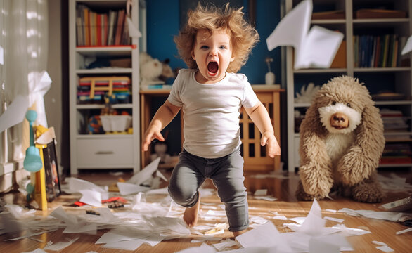 Playful cheerful hyperactive cute white caucasian toddler boy child misbehaving and making a huge mess in a living-room.