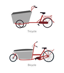 Fototapeta na wymiar Cargo bikes with two and three wheels chart. Cartoon hand drawn flat illustration of different types of bicycles.
