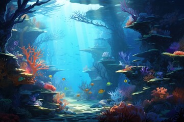 Fototapeta na wymiar Underwater paradise, vibrant coral reef bustling with colorful marine life, sunbeams piercing through tranquil waters.