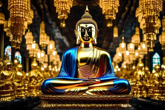 statue of buddha, glowing Lotus flowers and gold buddha statue