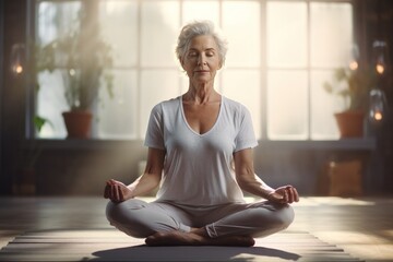 Mature woman practicing meditation in sunlight, seated in lotus position on yoga mat, peaceful indoor setting.