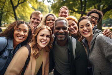 Happy multiethnic young friends taking selfie portrait while walking in summer park. Group of people having fun with smiling grimaces. Friendship and lifestyle concept.