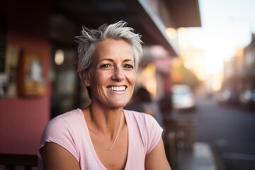 Portrait of a happy mature woman with short gray hair in the city