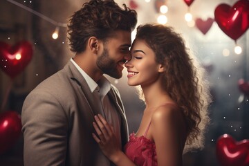 Young curly-haired man and woman nose to nose, with heart balloons in background, intimate celebration and love.