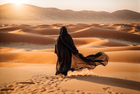 Muslim Woman in Paranja Taking a Stroll on a Sandy Desert Path under the Bright Sun.