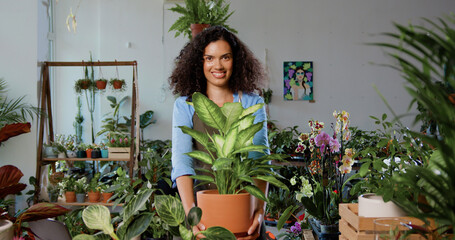 Portrait of good-looking woman florist worker in uniform standing in flower store and smiling showing into camera green seedling pot plant. Concept of family business and entrepreneur.