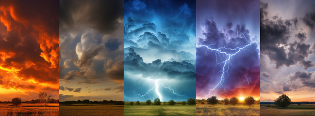 Weather forecast collage concept background. Variety weather conditions and seasons, bright sun and blue sky, dark stormy sky with lightnings