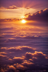 Naklejka na ściany i meble Beautiful Aerial Sunset Landscape with Sun and Clouds in Purple-Orange Tones