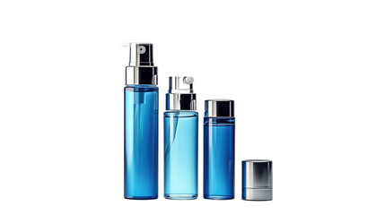 Set blue cosmetic bottles packaging mockup, isolated on transparent background.