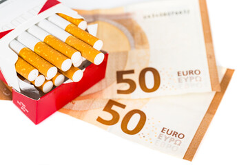 Euros Money notes one hundred and cigarettes box Malboro on white background