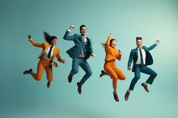 Cheerful diverse business people showing overjoy jumping with raised hands. Different business people jumping on color background. Celebrating success and triumphing victory - Powered by Adobe
