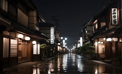 Fototapeta na wymiar Traditional Town at Night with Rain, Asian, Classic, Retro, Illustration