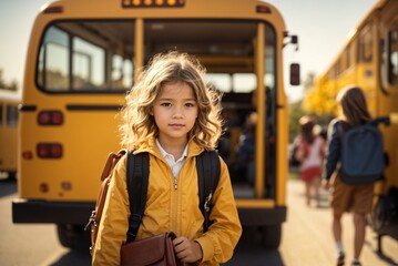 Girl student with backpack at the school bus