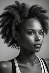 Fototapeta premium Beautiful stylish athletic young Afro-American woman with curly hair, portrait