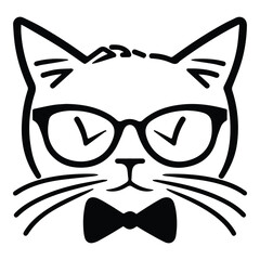 Cat In Bow And Glasses Flat Icon Isolated On White Background