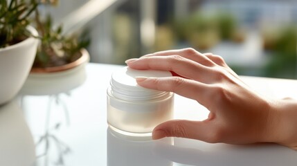 Woman hold jar of moisturizing cream, Face and skincare cream for beauty wellness shine.