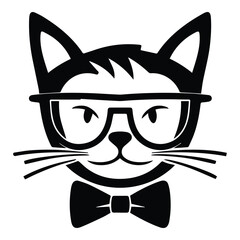 Cat In Bow And Glasses Flat Icon Isolated On White Background