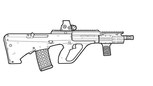Close-up of a black AUG A3 rifle on an isolated white background. Art Line. Military weapons, gun concepts. High quality illustration