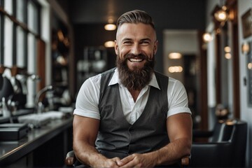 Fototapeta na wymiar Happy man in a barbershop