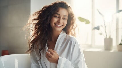 Beautiful woman wearing bathrobe in modern bathroom at home. Hair Care. Skin care. Beauty routine concept.