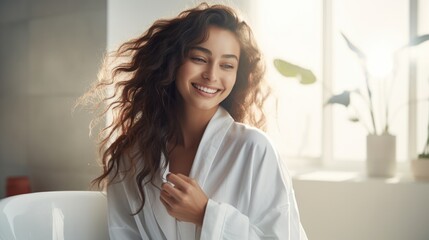 Beautiful woman wearing bathrobe in modern bathroom at home. Hair Care. Skin care. Beauty routine concept. - Powered by Adobe