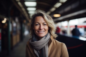 Portrait of smiling mature woman on train platform at railway station.