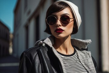 Portrait of a beautiful stylish young woman with short hair in sunglasses