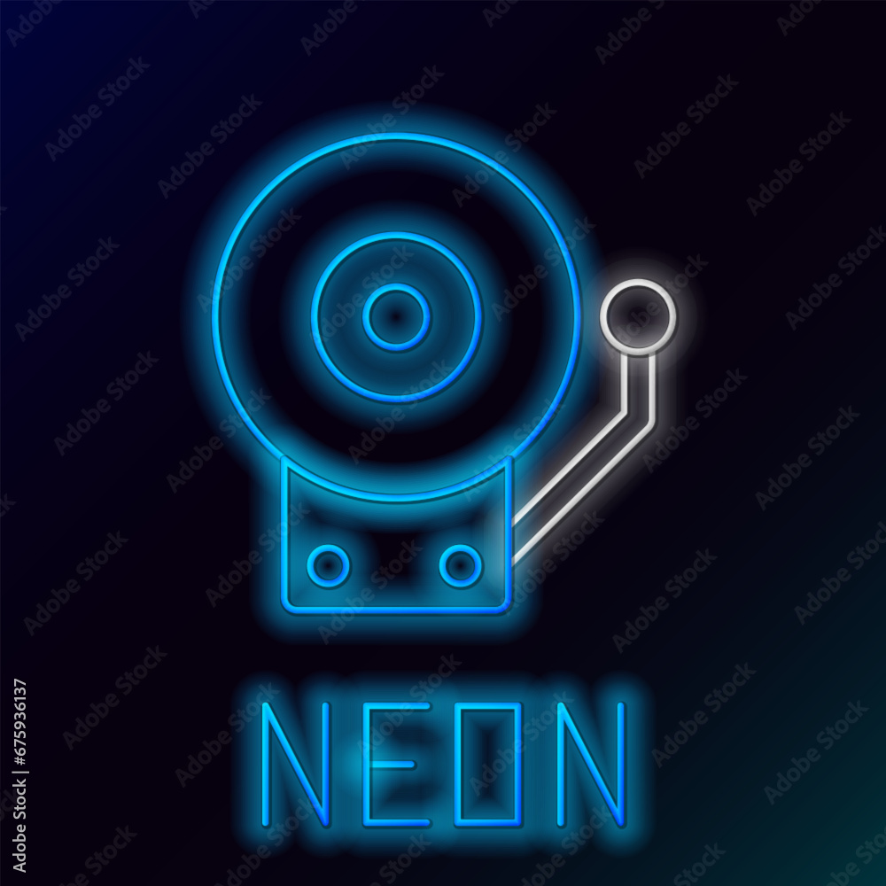 Wall mural glowing neon line ringing alarm bell icon isolated on black background. fire alarm system. service b