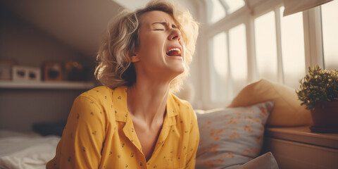Woman with allergy or flu sneezing at home.